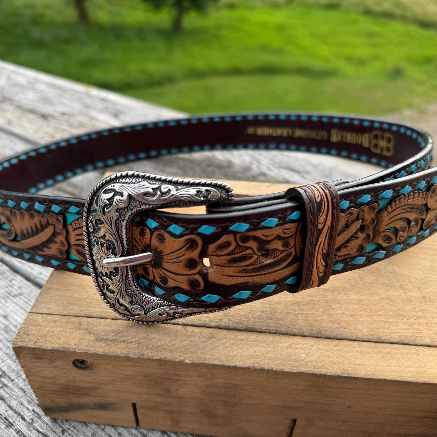 Genuine Leather Western Belt with tooled and buckstitch details by Double B Wild Rags