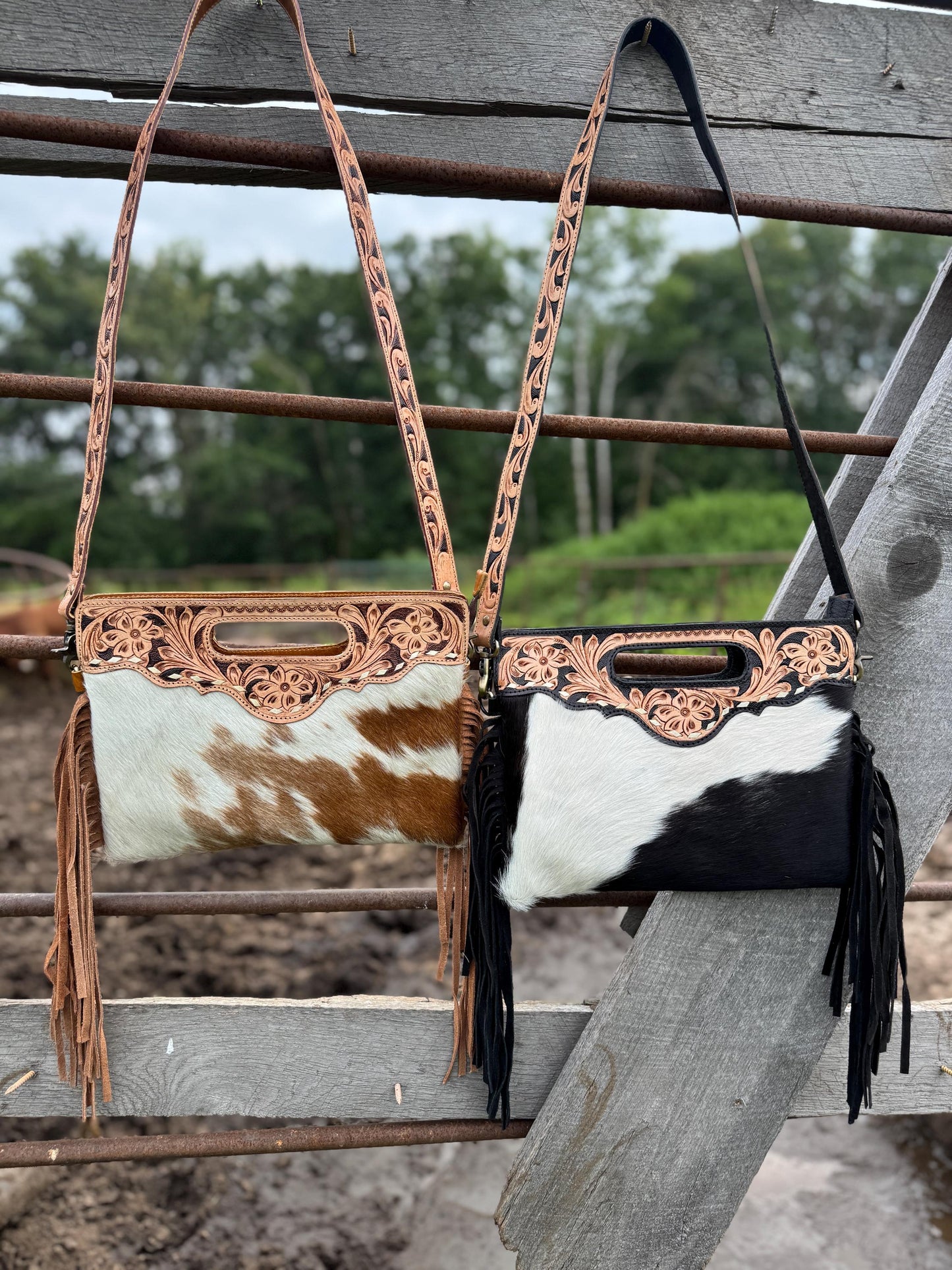 Genuine Western Cowhide Leather Purse and Wallet SET with buckstitch details by Double B Wild Rags