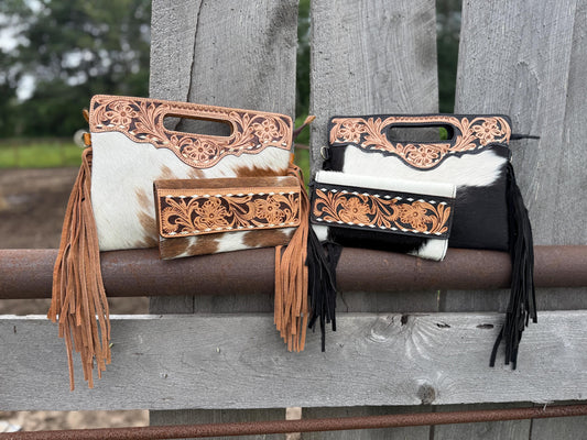 Genuine Western Cowhide Leather Purse and Wallet SET with buckstitch details by Double B Wild Rags