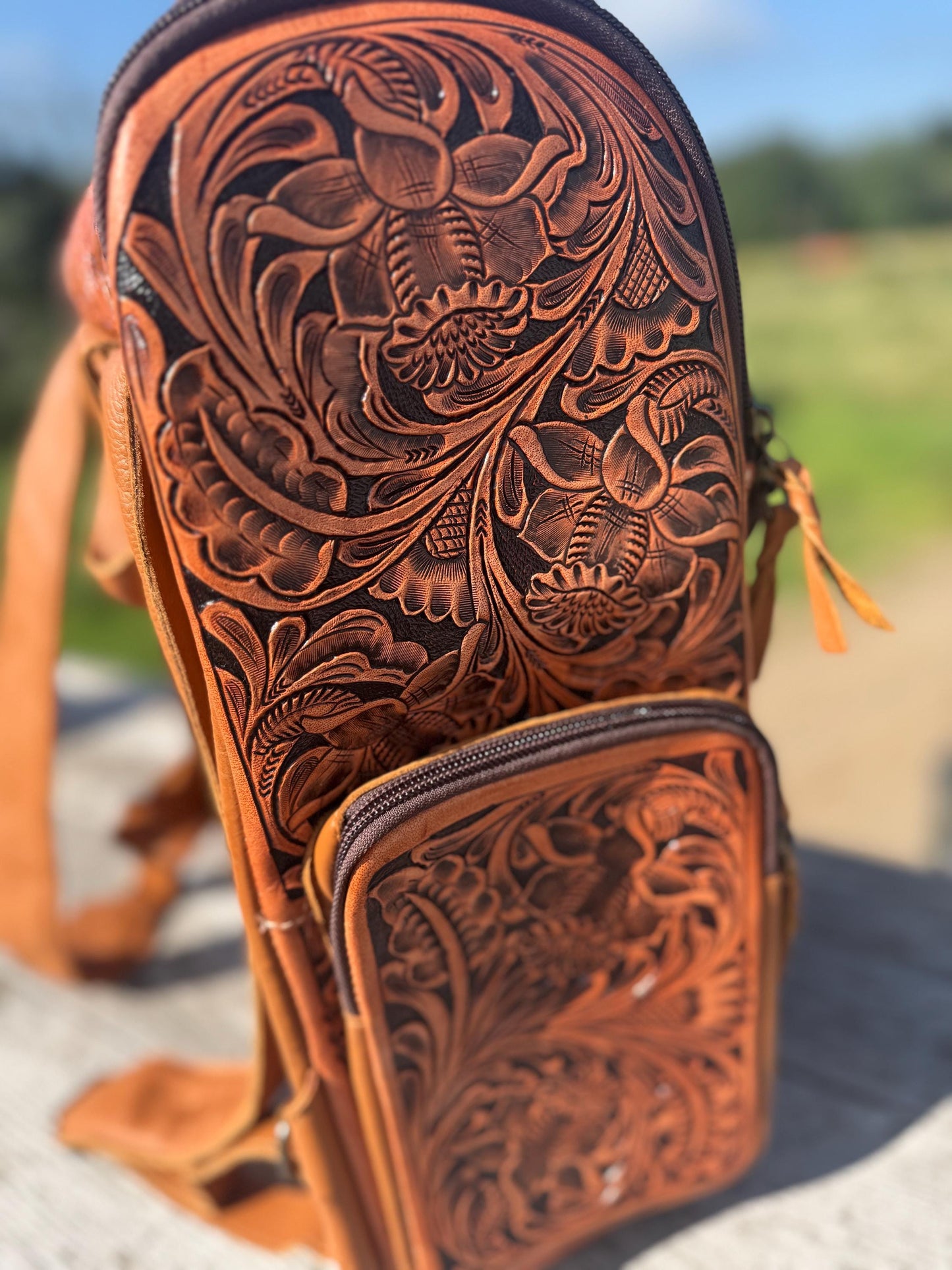 Fully Tooled Western Backpack Genuine Leather Diaper Bag Personal Item carry-on luggage by Double B Wild Rags