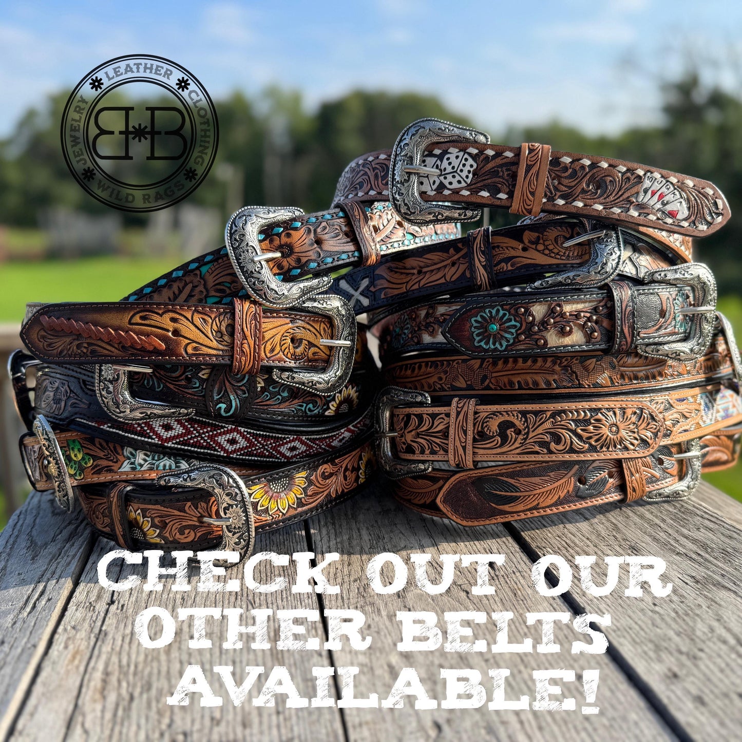 Genuine Leather Western Belt with tooled cards and dice by Double B Wild Rags