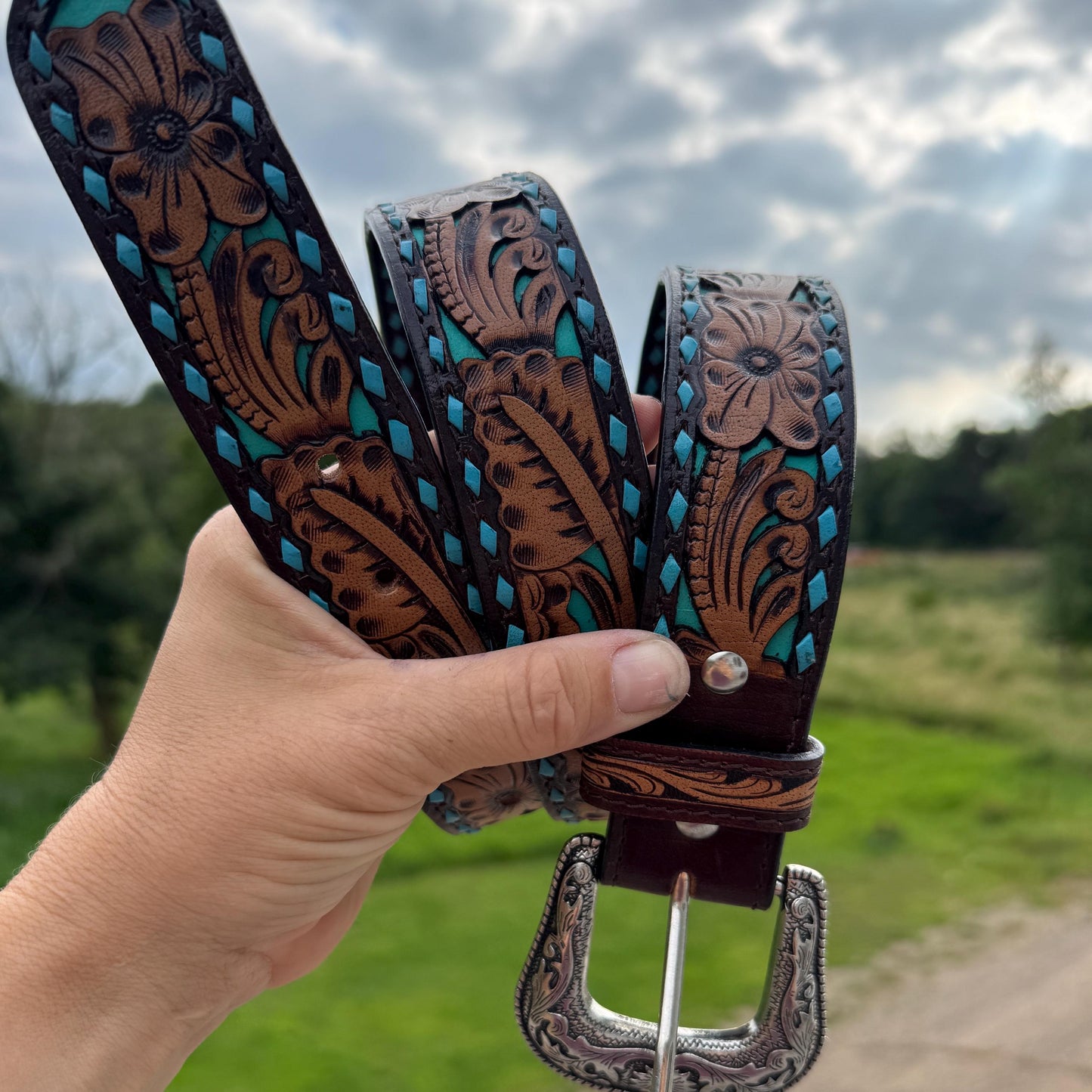 Genuine Leather Western Belt with tooled and buckstitch details by Double B Wild Rags