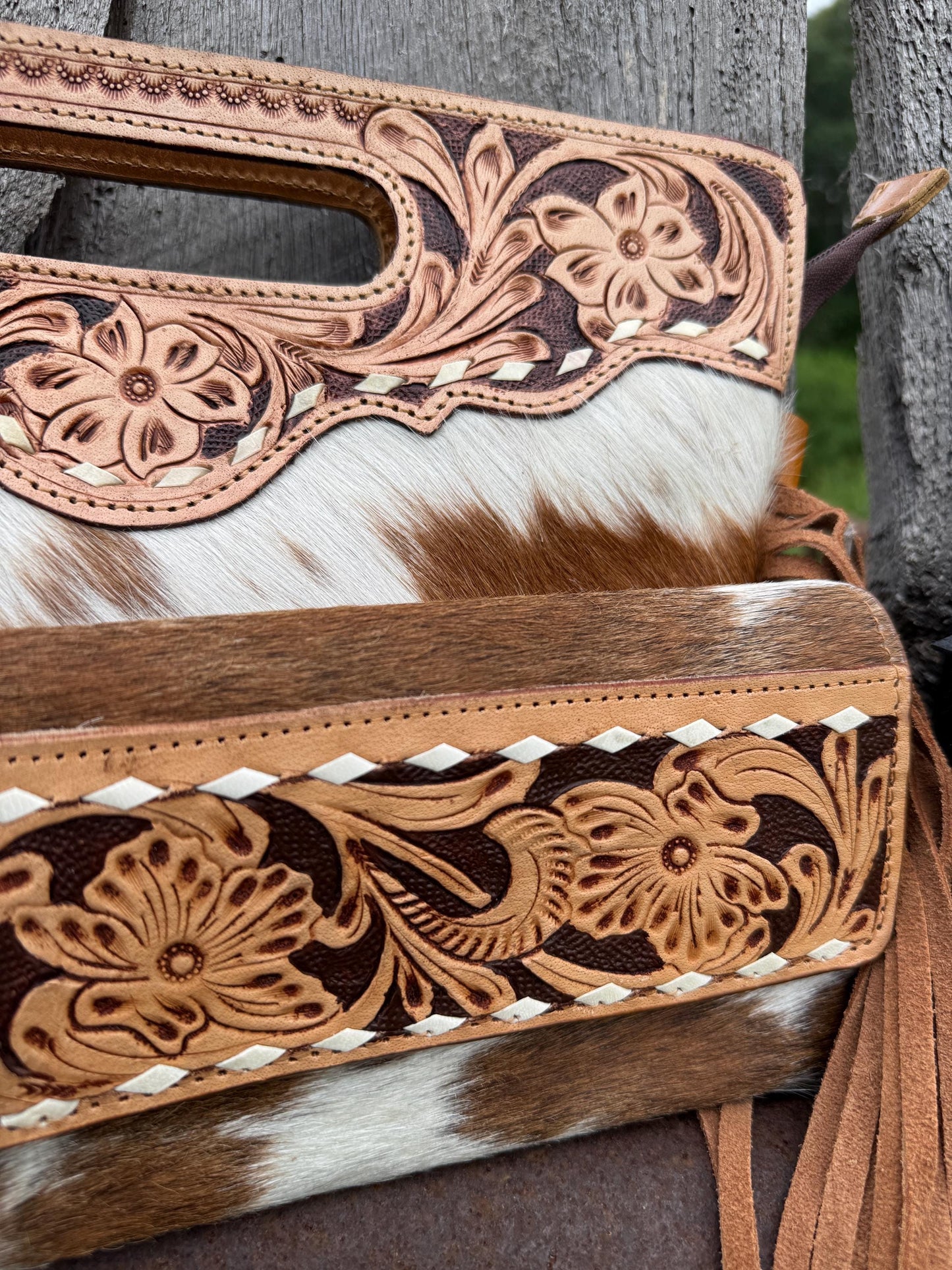 Genuine Western Cowhide Leather Purse and Wallet SET with buckstitch details by Double B Wild Rags