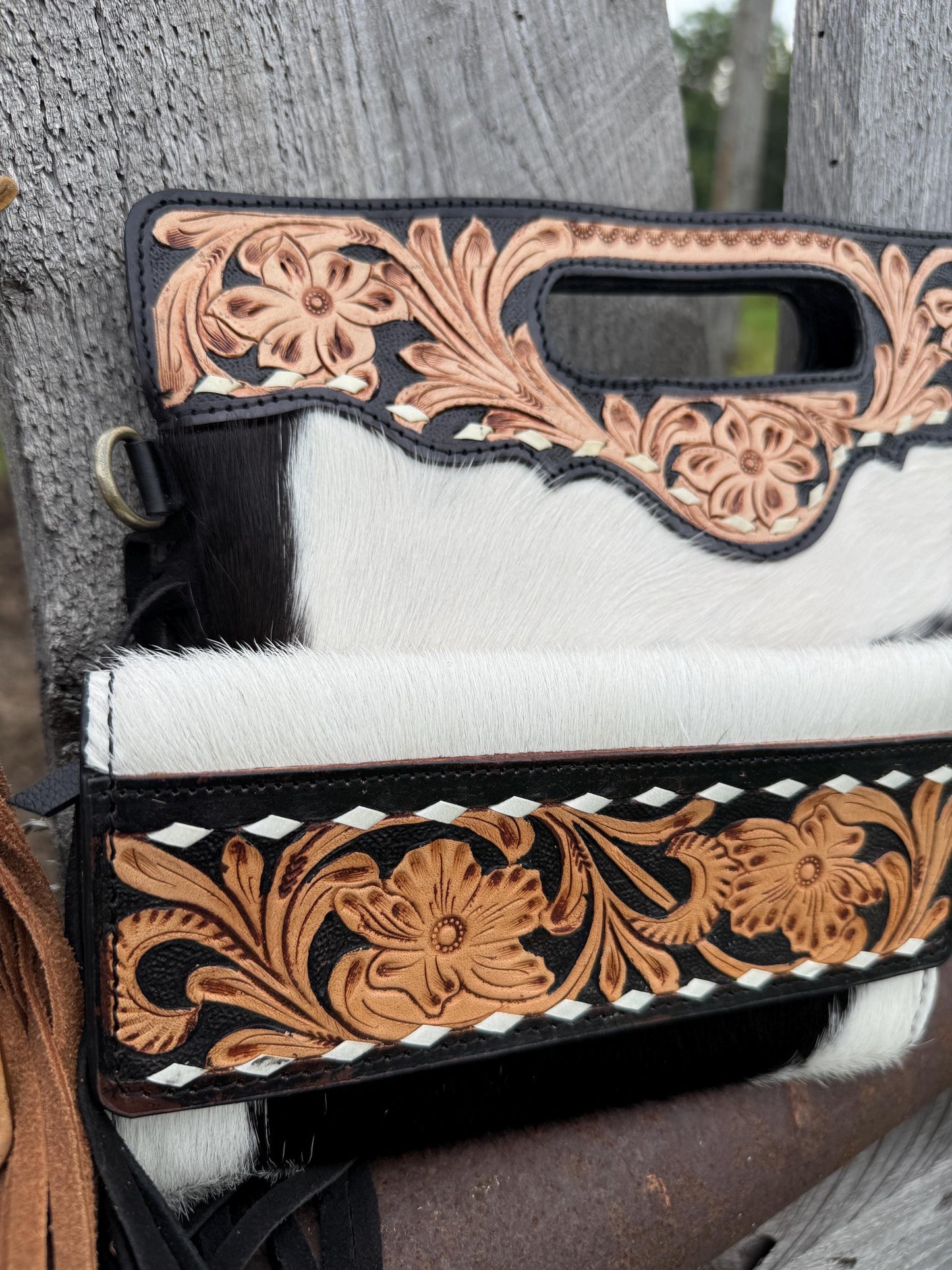 Genuine Western Cowhide Leather Purse and Wallet SET with buckstitch details by Double B Wild Rags