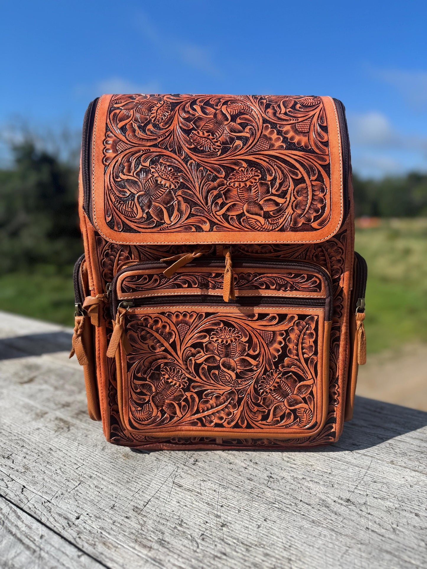 Fully Tooled Western Backpack Genuine Leather Diaper Bag Personal Item carry-on luggage by Double B Wild Rags
