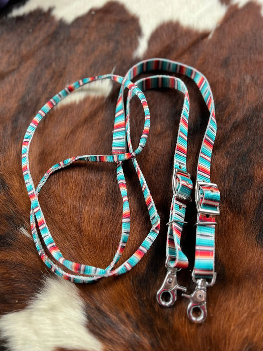 3/4" x 8ft Teal Serape Southwest Print nylon contest rein with scissor snap end