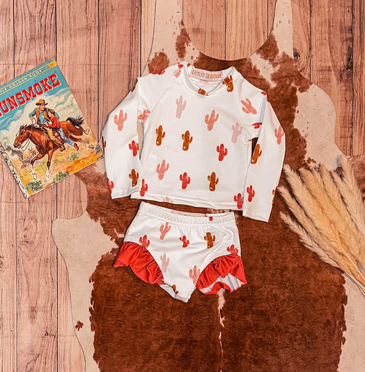 Pink Cactus Long Sleeve Side Ruffle Swimsuit