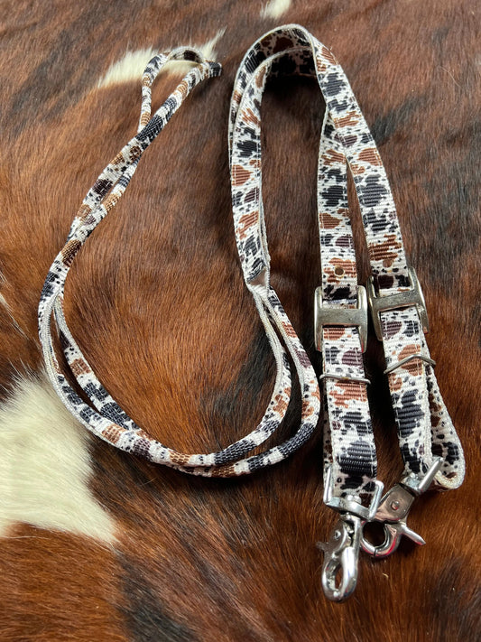 3/4" x 8ft Cow Print nylon contest rein with scissor snap end