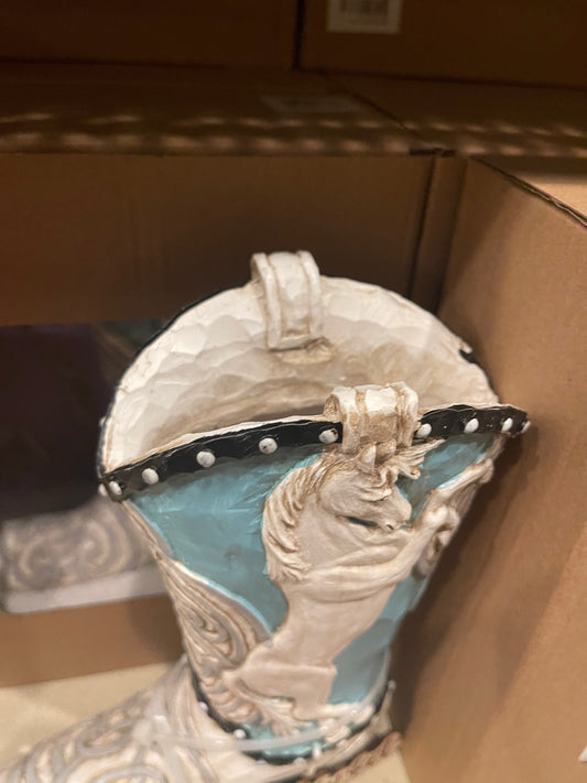 White & Blue Horse Boot Vase