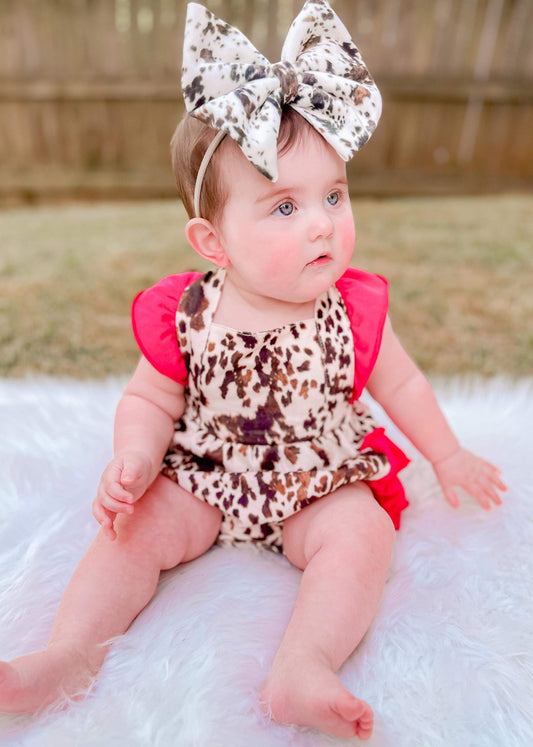 Brown cow & pink ruffle Romper