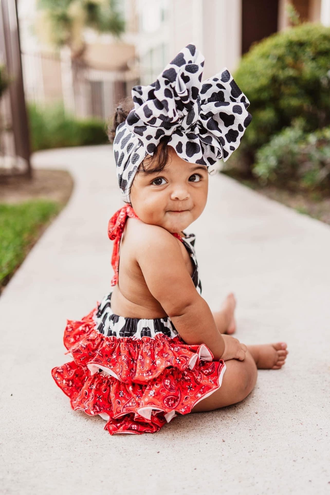 Cow paisley tie romper