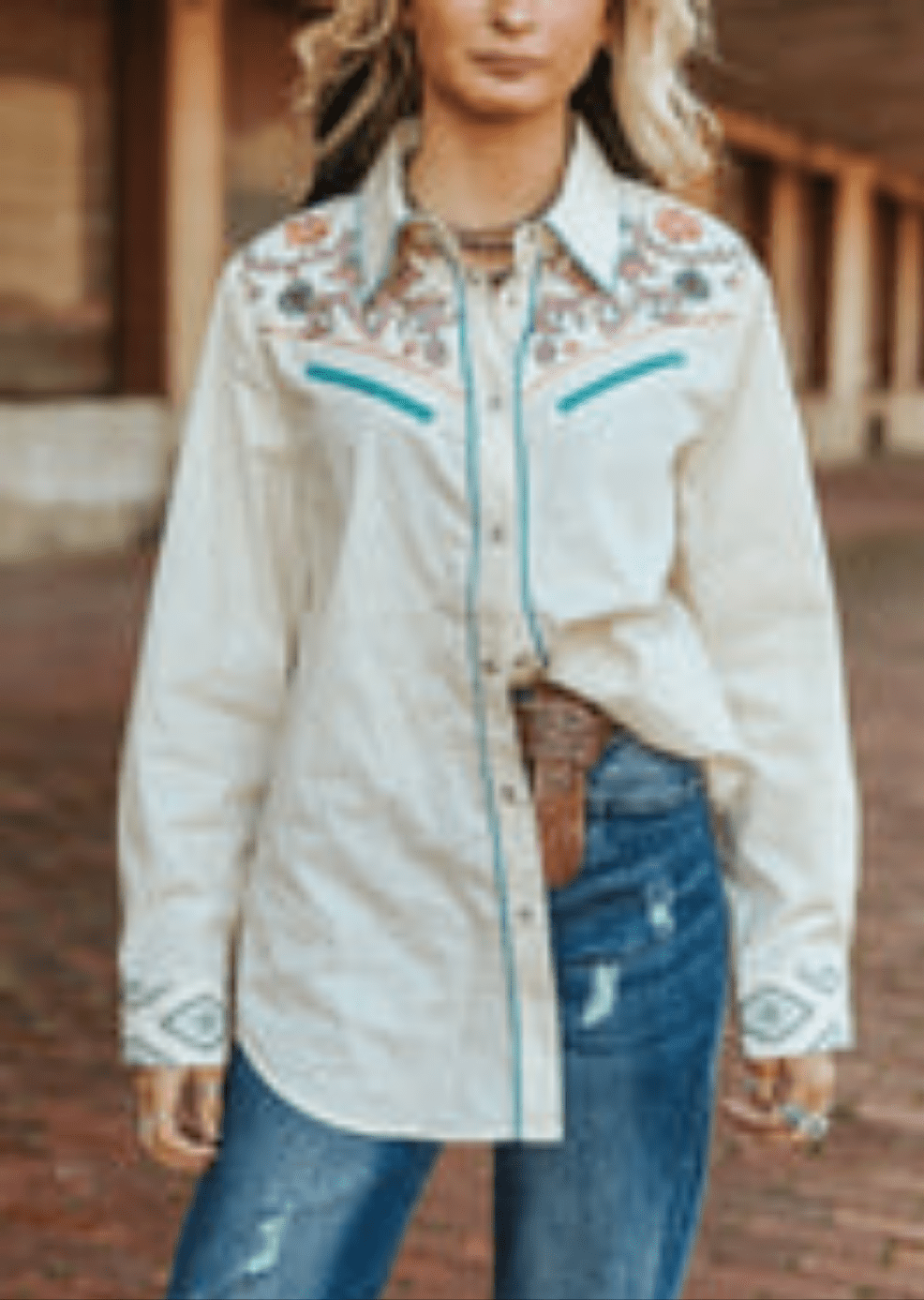 Ivory Embroidered Western Yoke Pearl Snap Top