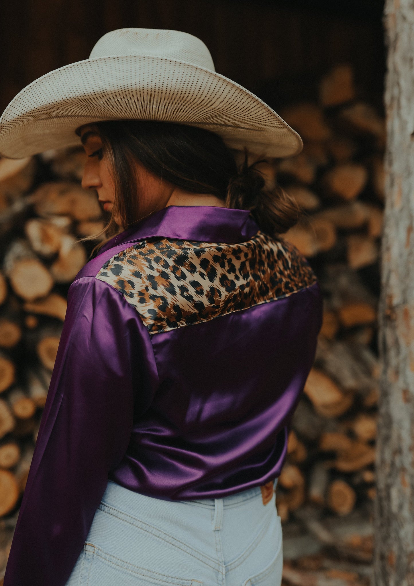 Leopard Purple Satin Rodeo Shirt