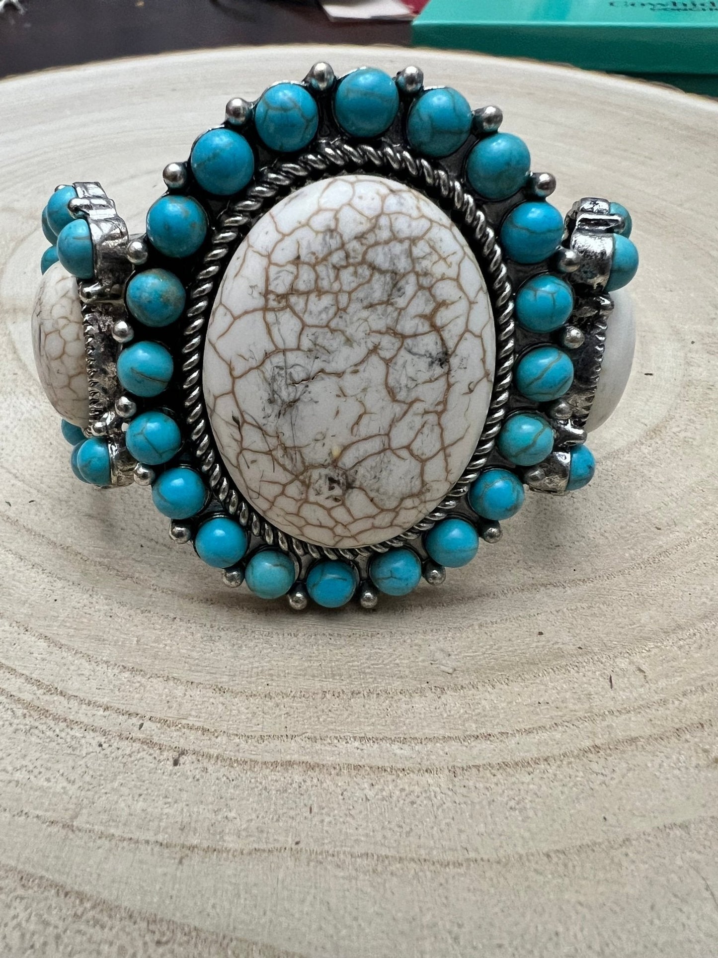 Large Western Faux Turquoise and White Buffalo Stretch Cuff Bracelet