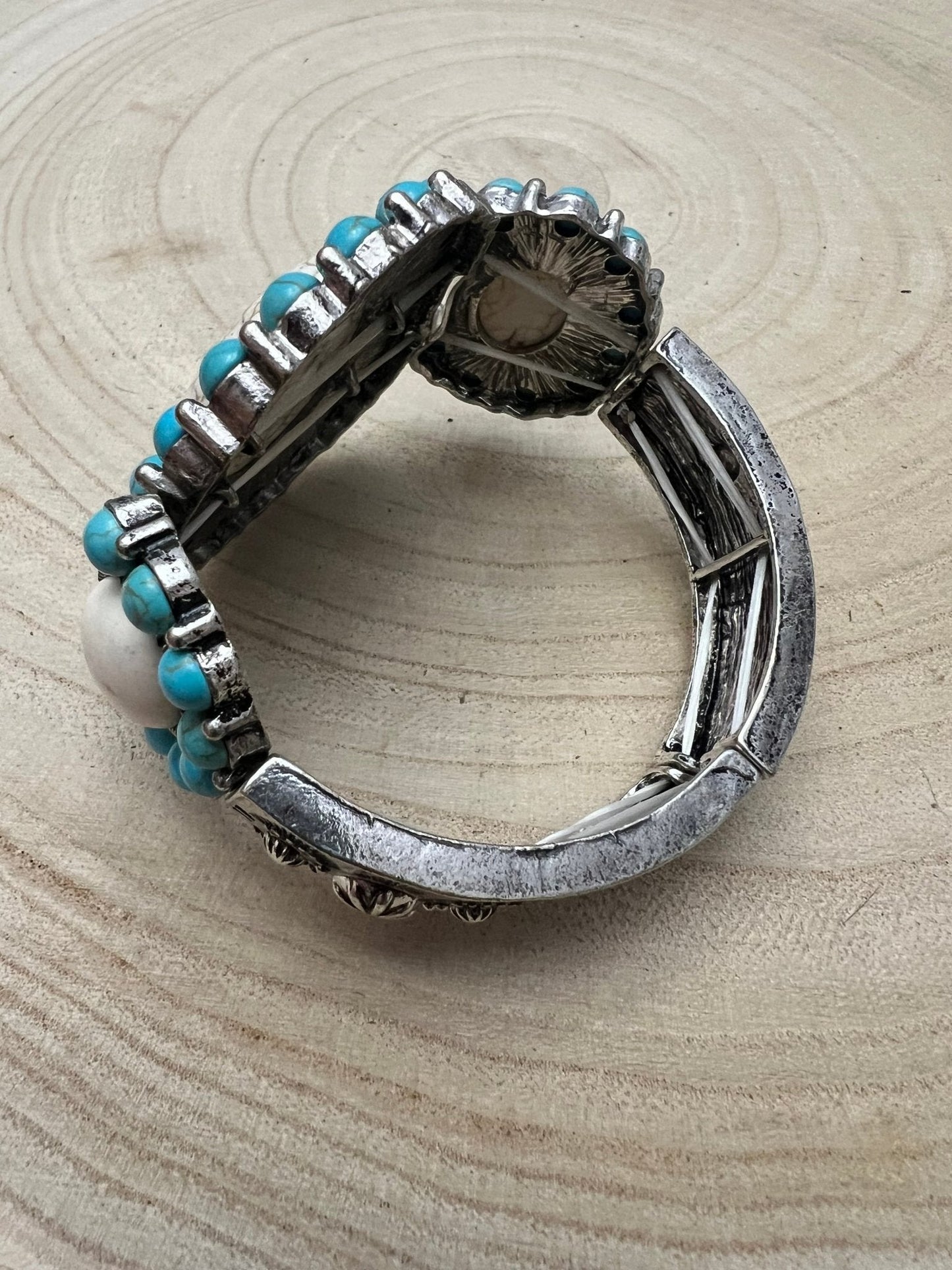 Large Western Faux Turquoise and White Buffalo Stretch Cuff Bracelet