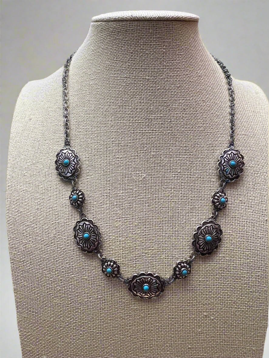 Linked Concho and Faux Turquoise Necklace - 18 inch + 3