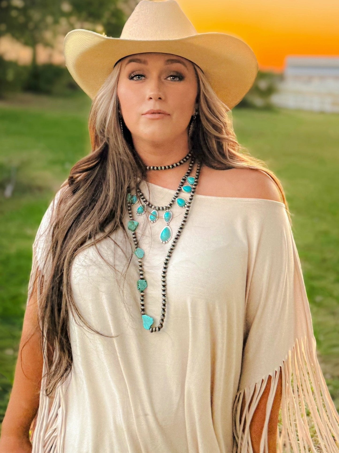 Long Faux Turquoise Nugget and Sterling Pearl Statement Necklace - 48 inch