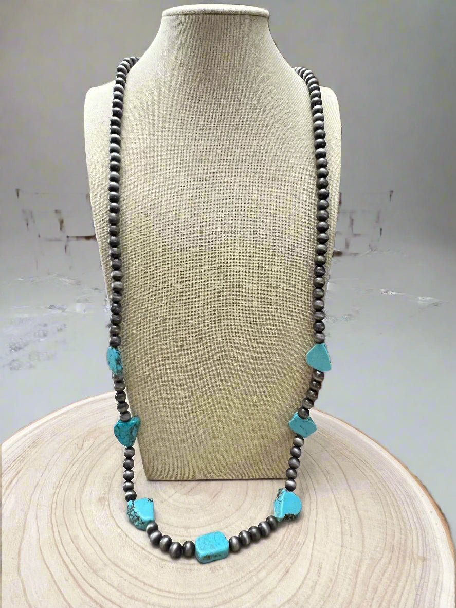 Long Faux Turquoise Nugget and Sterling Pearl Statement Necklace - 48 inch