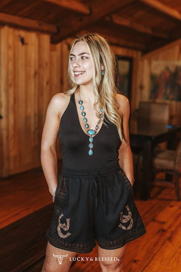 Lucky Embroidered Drawstring Shorts