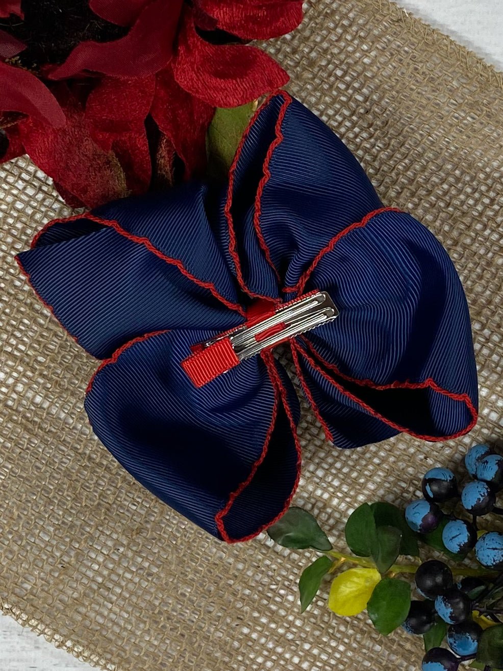 Navy with Red Moonstitch Hair Bow