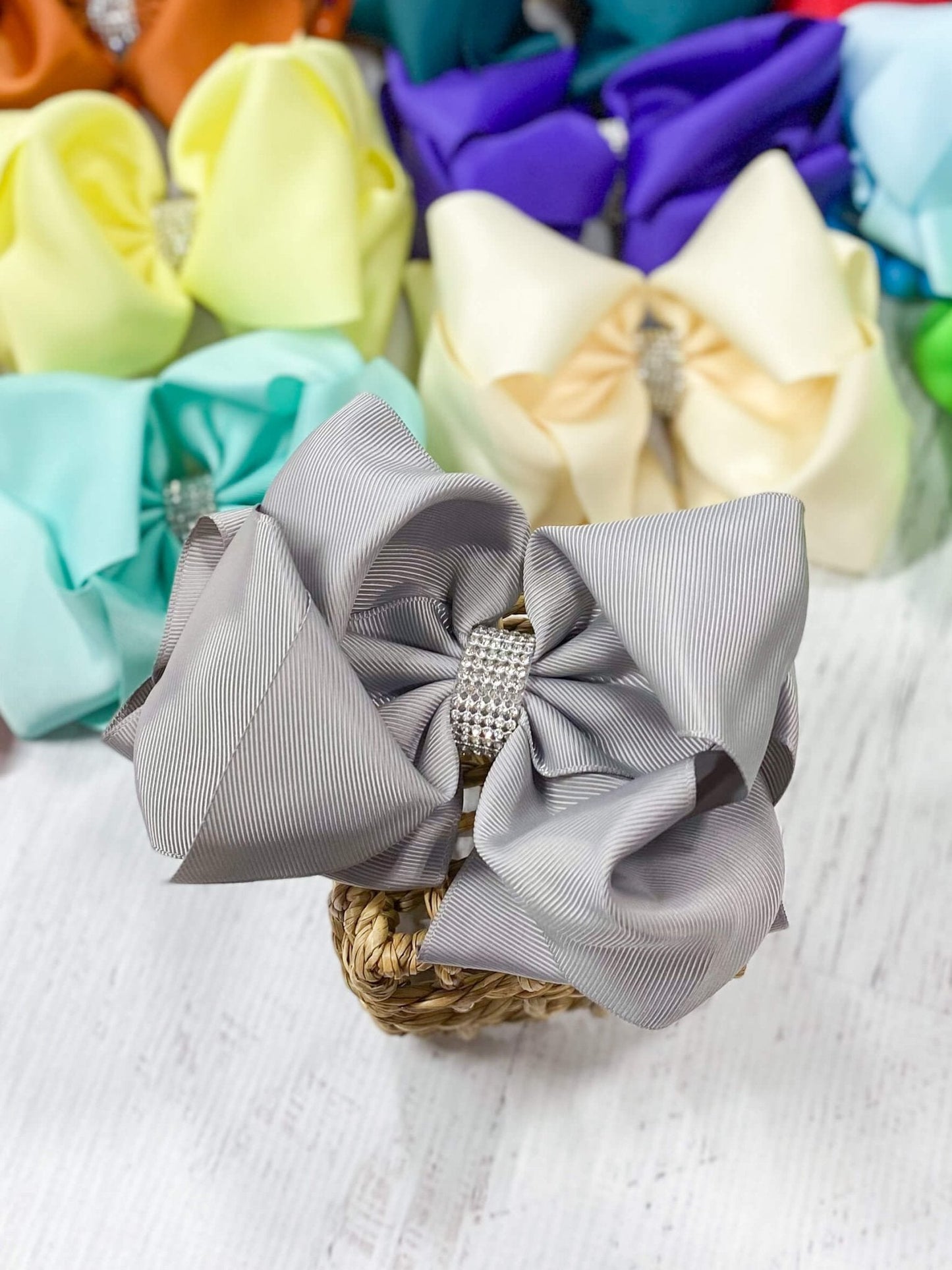 Oversize Rhinestone Hair Bows - French Clip - 5.5"