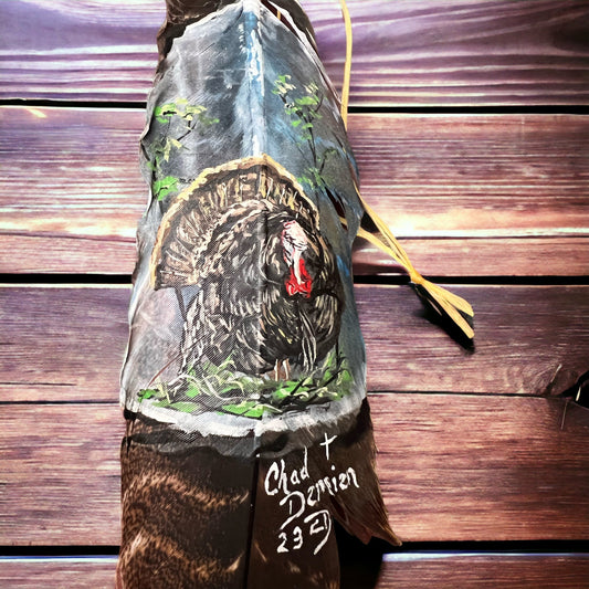 Painted hat feather by Chad Demien - Wild turkey