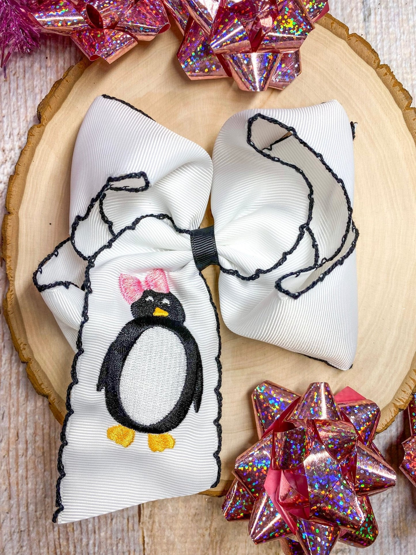 Penguin Embroidered with Black Moonstitch Hair Bow