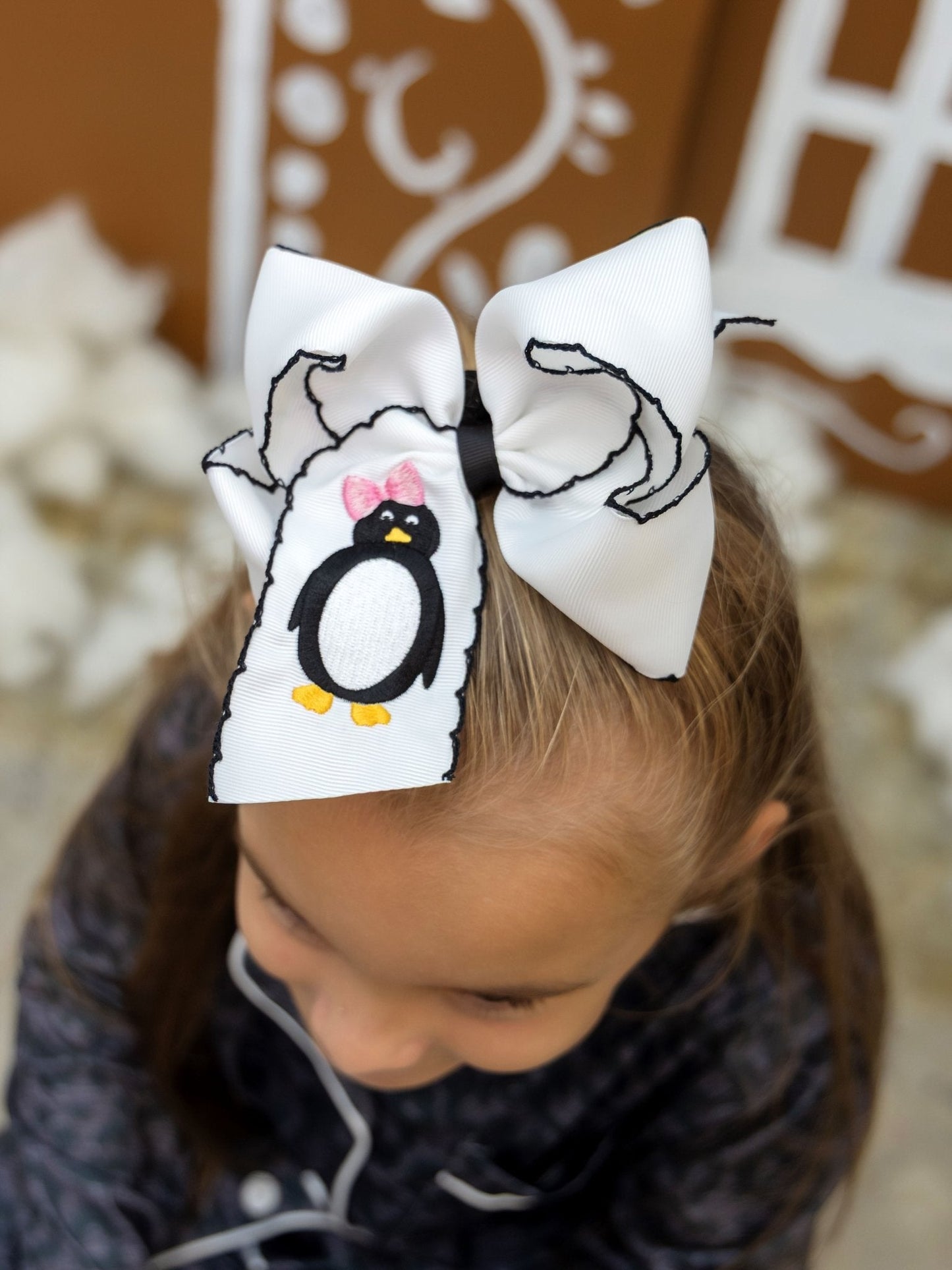 Penguin Embroidered with Black Moonstitch Hair Bow