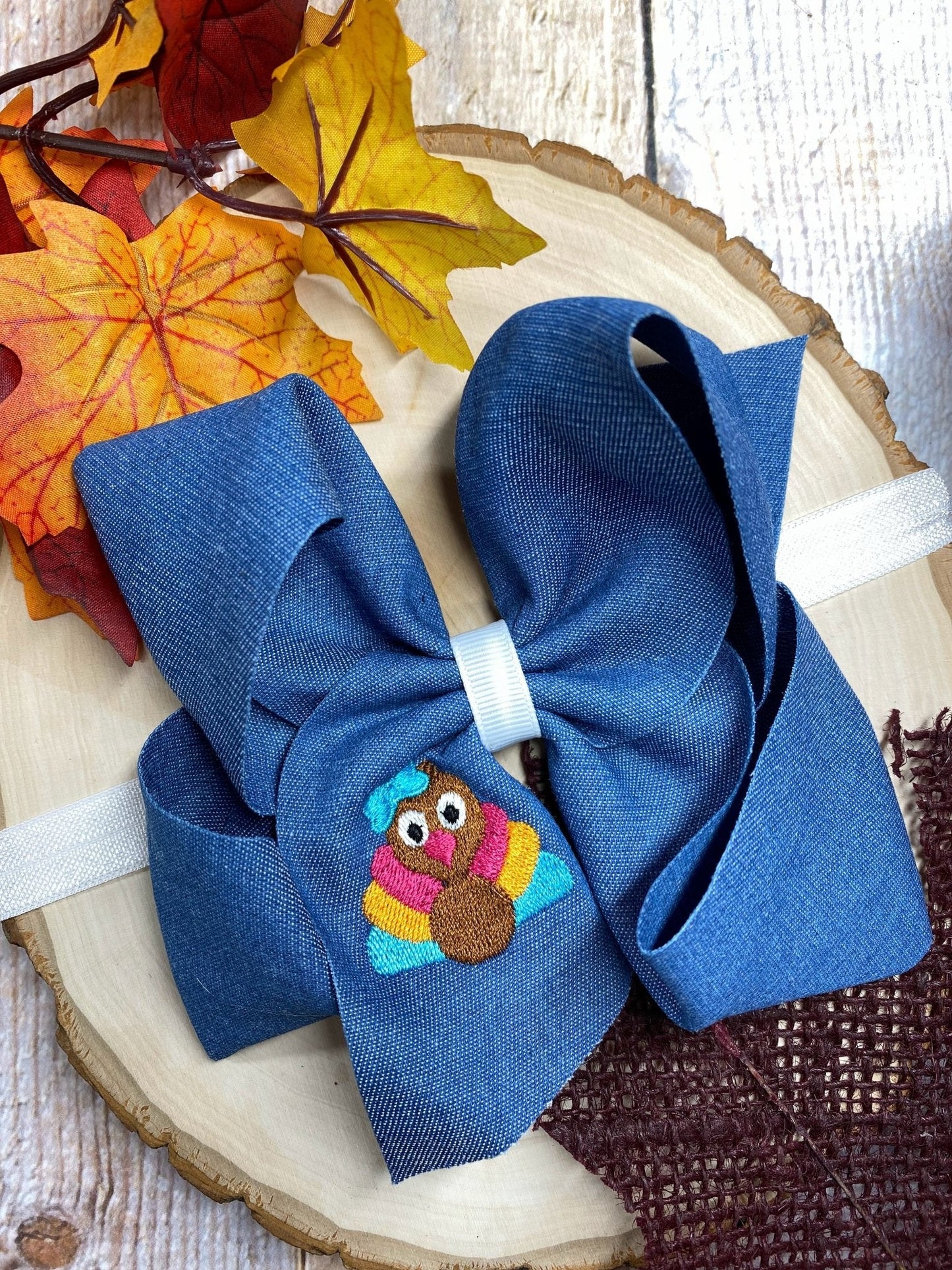 Pink Turkey Embroidery on Denim Bow Headband