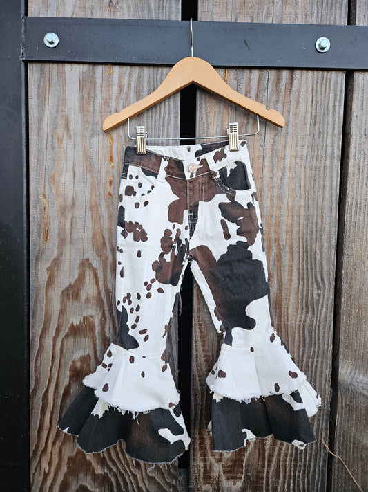 Tri Color Cow Print Double Flare Jean