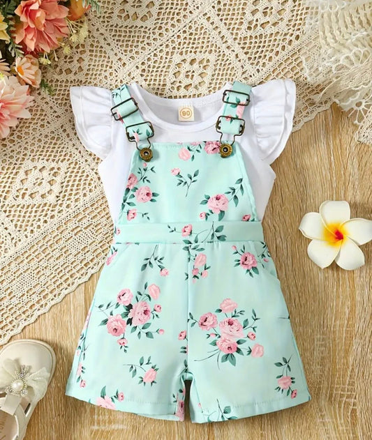 2 PCS Floral Overall Set with White Short Sleeve Shirt