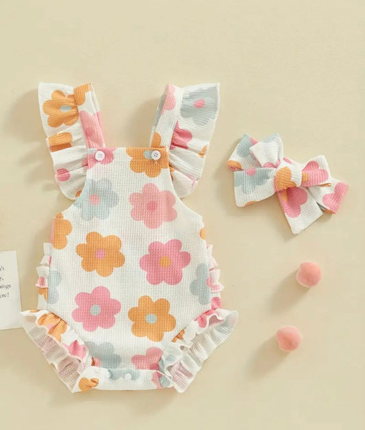 Multicolored Flower Romper with Matching Bow