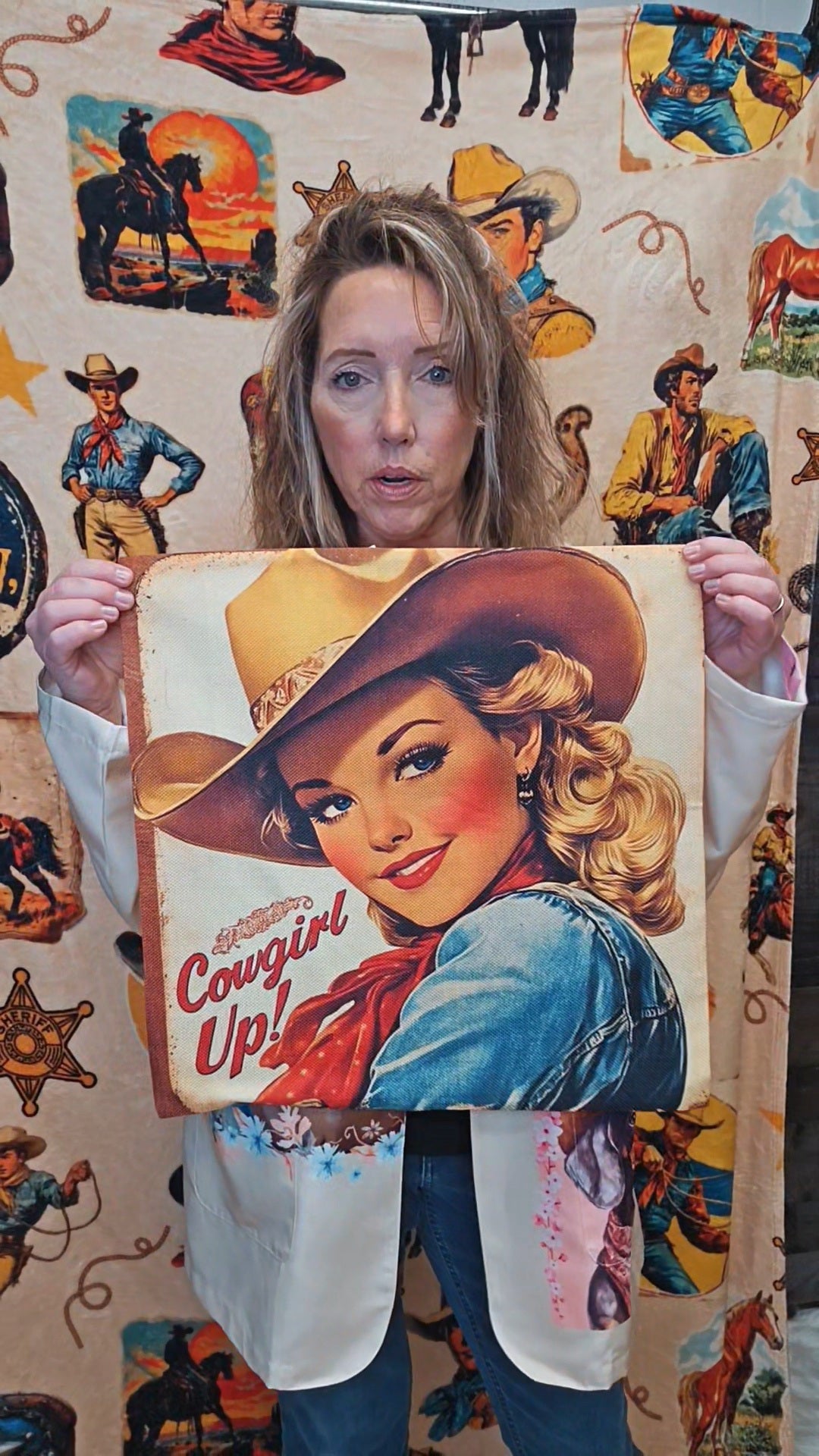 Vintage Cowgirl Up Throw Pillow Case 18 x 18 Made in America