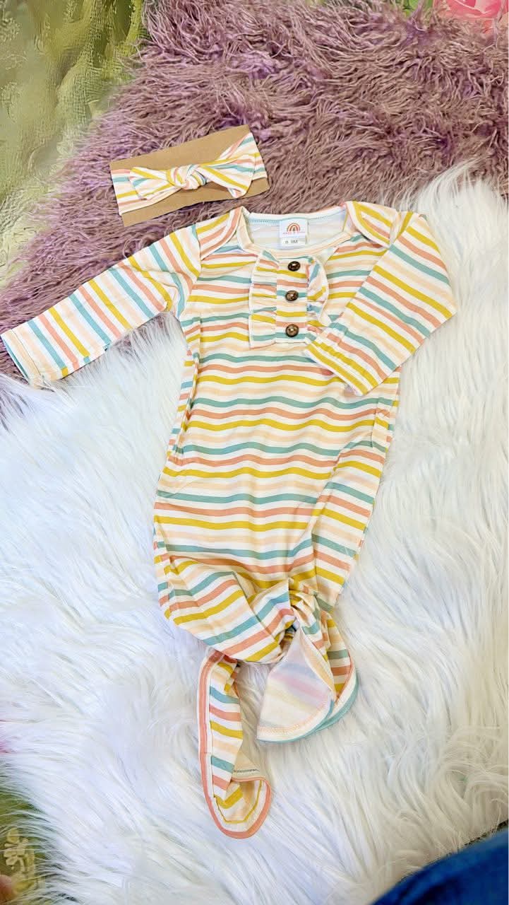 Multicolored Striped  Gown with Matching Hair Bow
