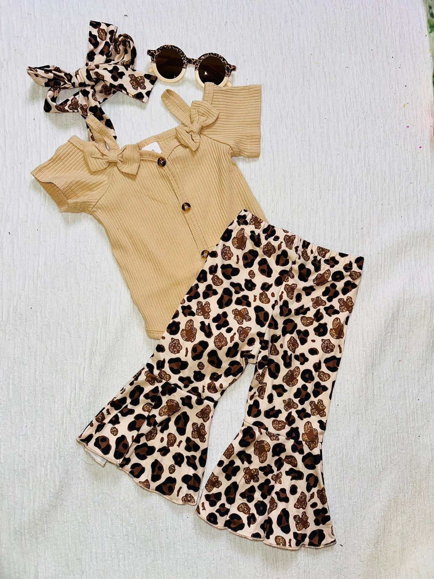 3 Piece Girls Leopard Print Flare Bottom Pant Set With Matching Hair Bow