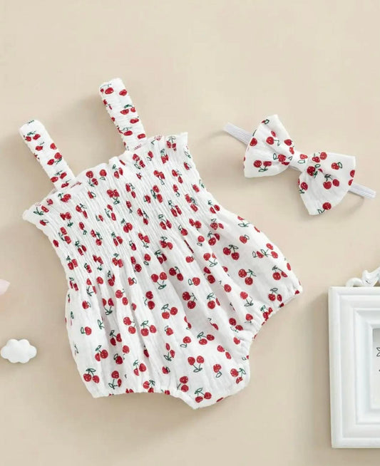 Cherry  Print Romper with  Matching Hair Bow