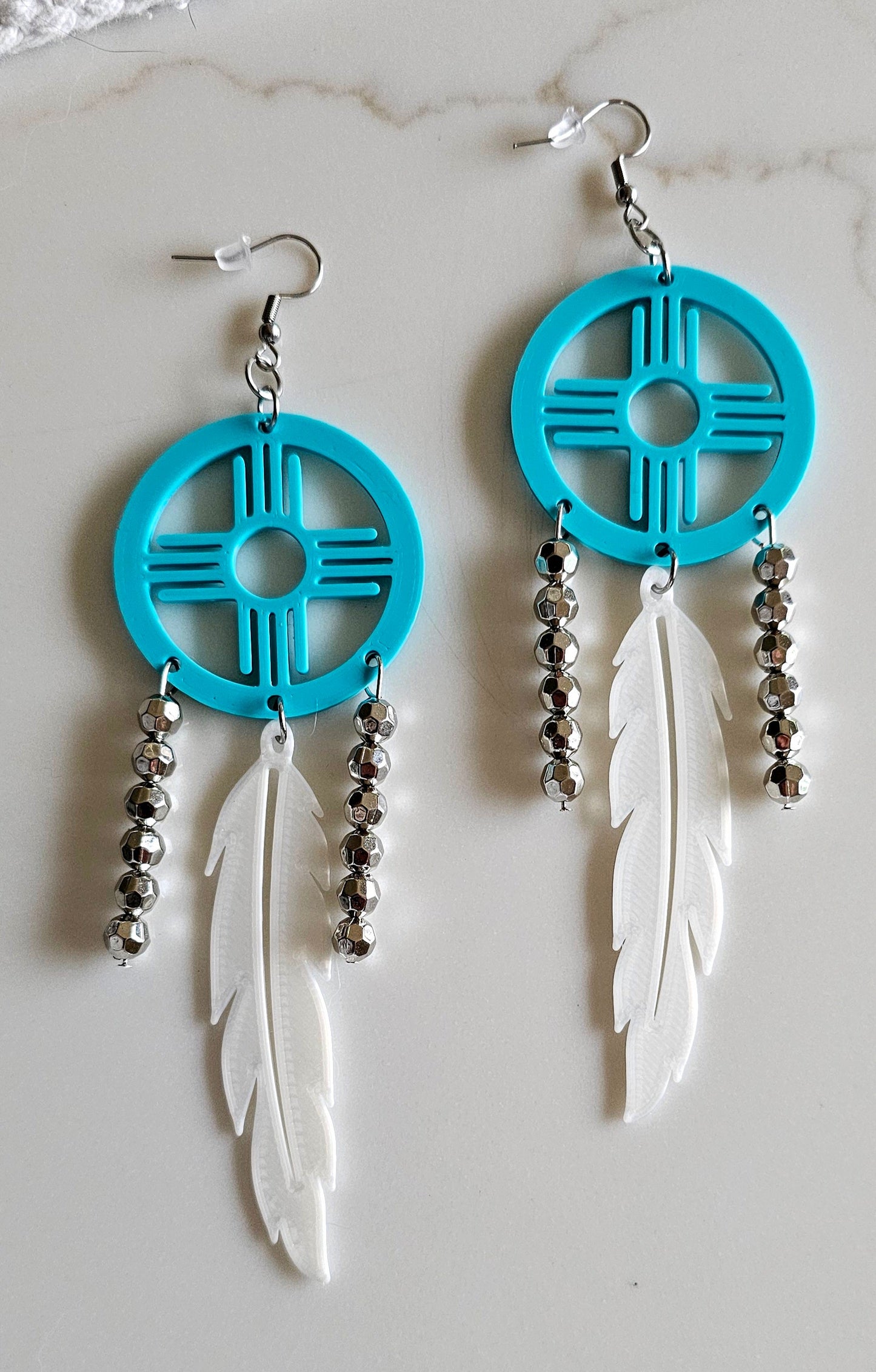 3D print Lightweight Turquoise New Mexico Zia Feather Dream Catcher Earrings Made in America