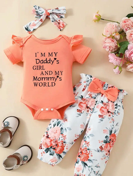 Children's Peach and Floral Pant Set with Matching Bow