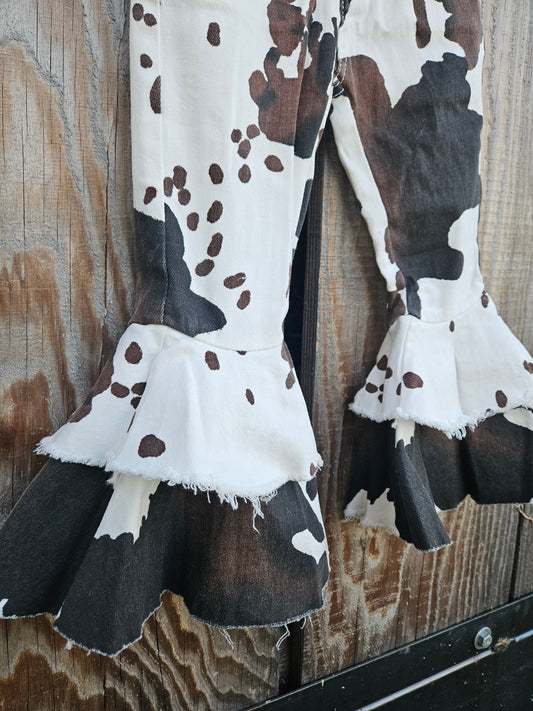 Tri Color Cow Print Double Flare Jean