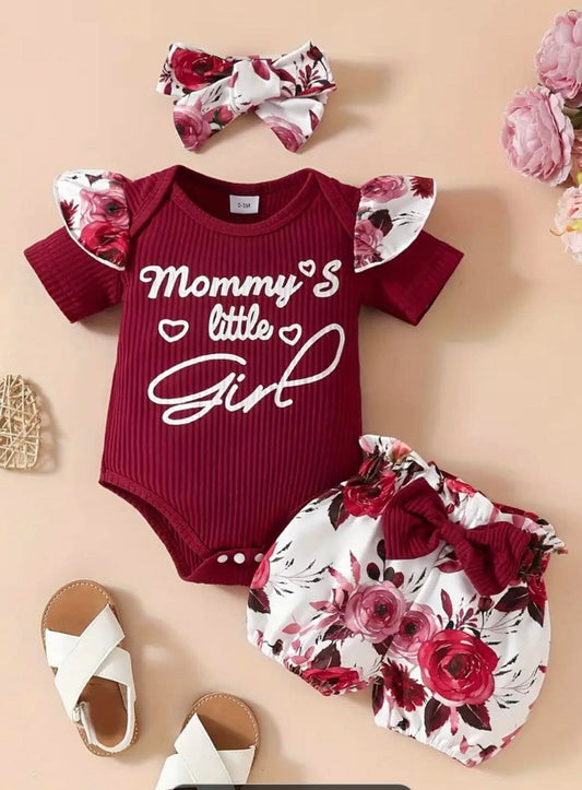 3 Piece Floral Mommy's Little Girl Short Outfit With Matching Hair Bow
