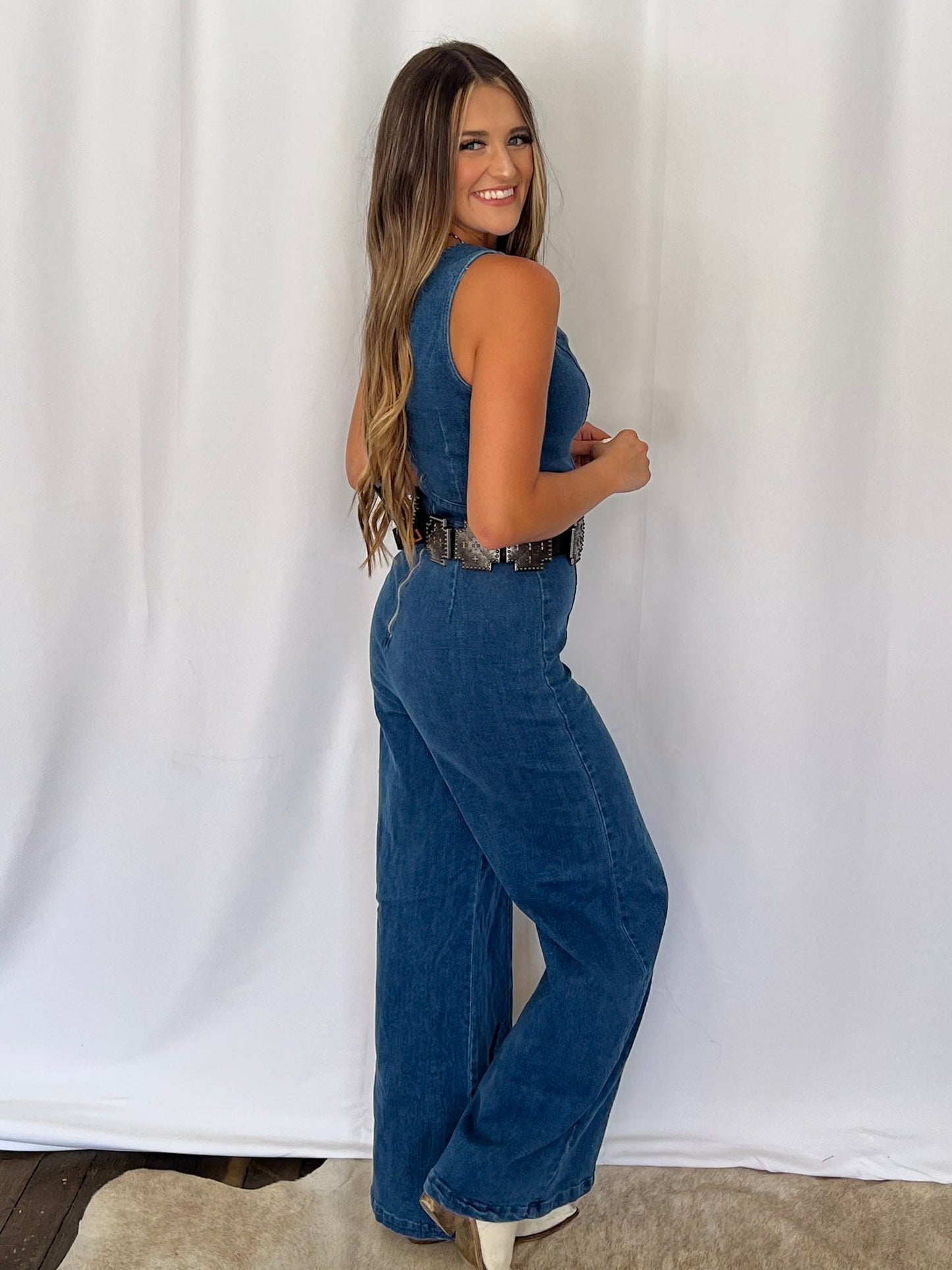 Rosie Scalloped Neckline Denim Jumpsuit