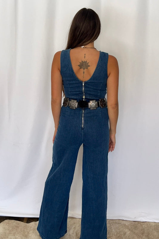 Rosie Scalloped Neckline Denim Jumpsuit