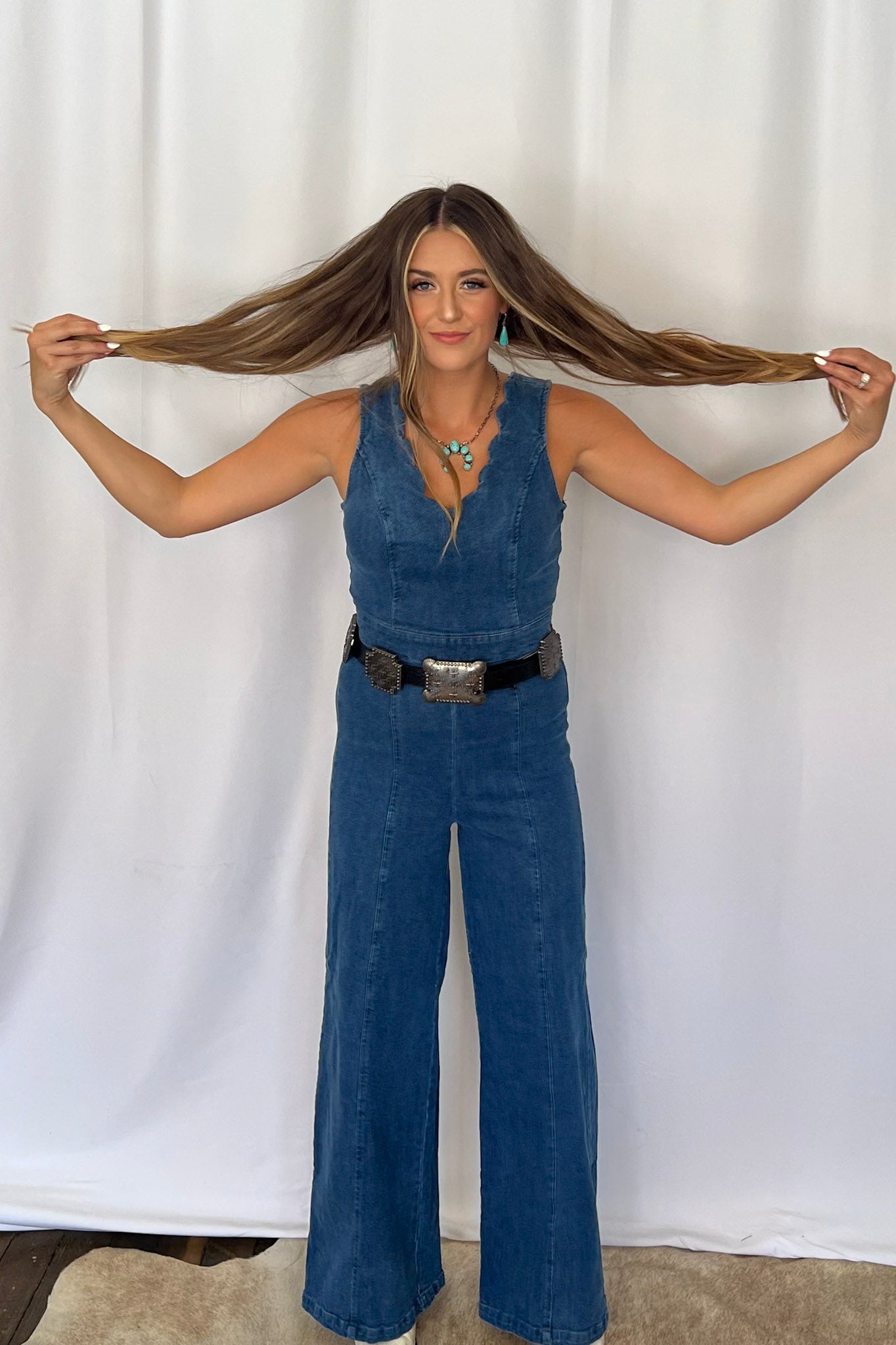 Rosie Scalloped Neckline Denim Jumpsuit