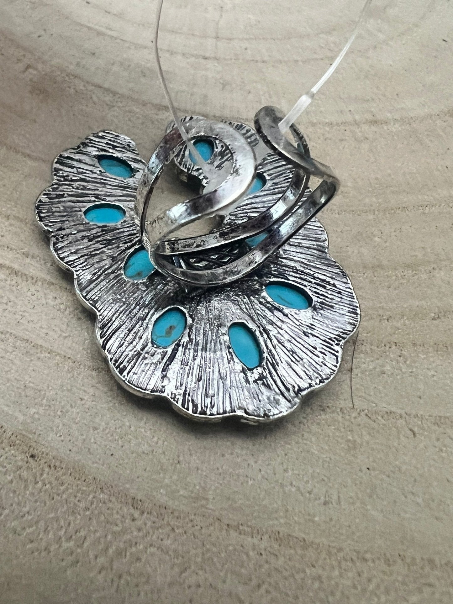 Squash Blossom Adjustable Ring with Faux Turquoise and Faux Opals