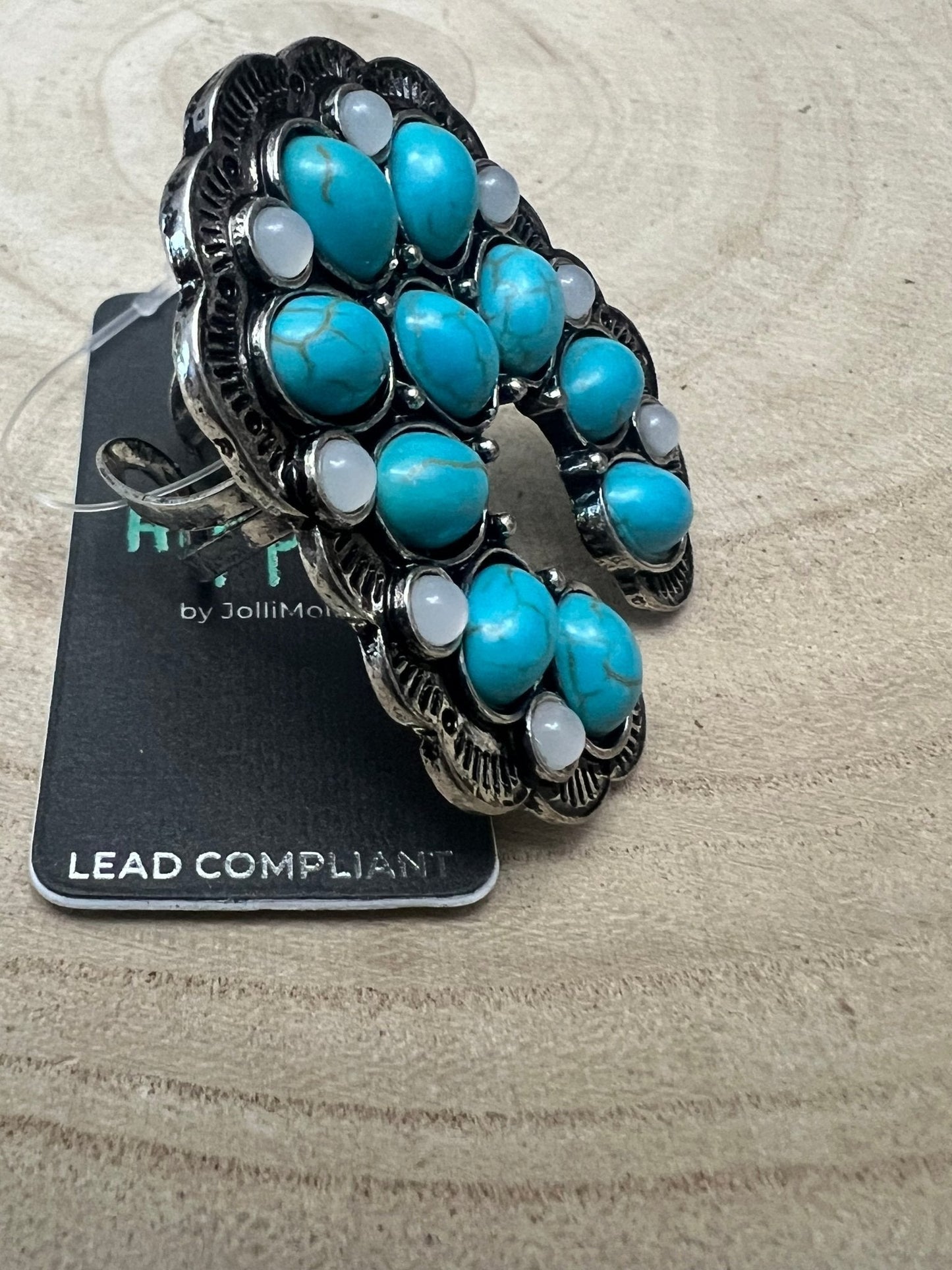 Squash Blossom Adjustable Ring with Faux Turquoise and Faux Opals