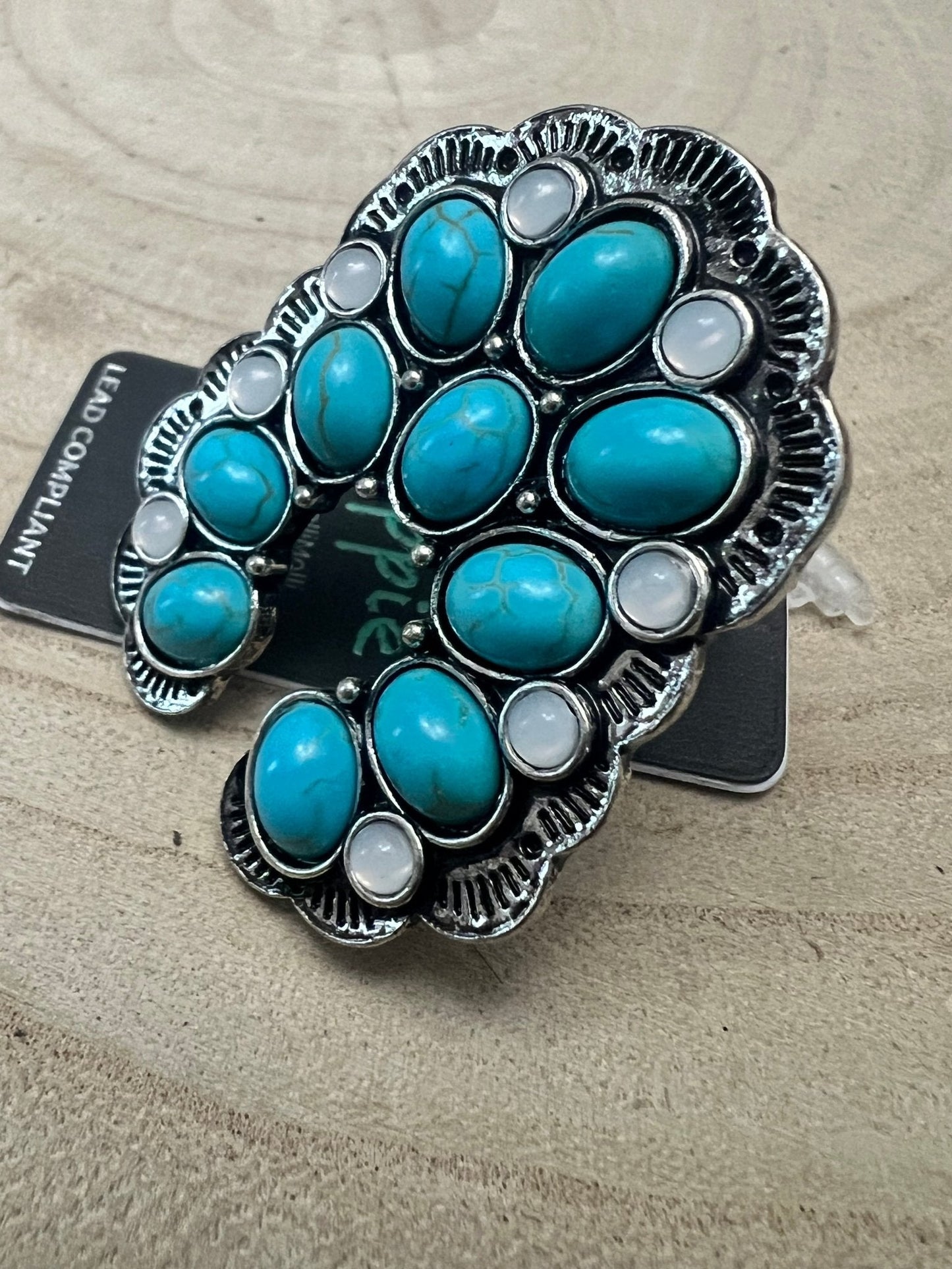Squash Blossom Adjustable Ring with Faux Turquoise and Faux Opals