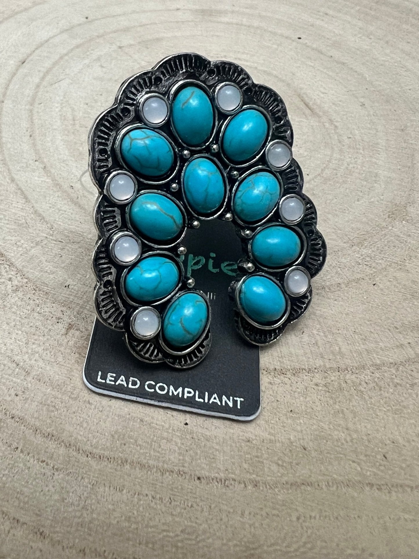 Squash Blossom Adjustable Ring with Faux Turquoise and Faux Opals