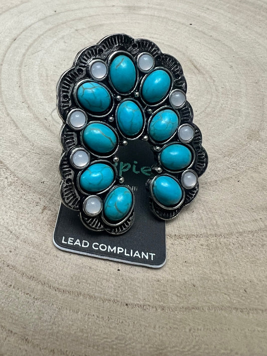 Squash Blossom Adjustable Ring with Faux Turquoise and Faux Opals