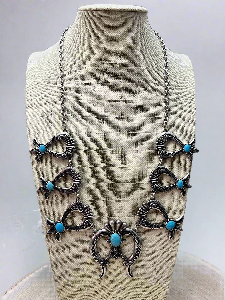 Squash Blossom and Faux Turquoise & Earring Set - 24 inch necklace