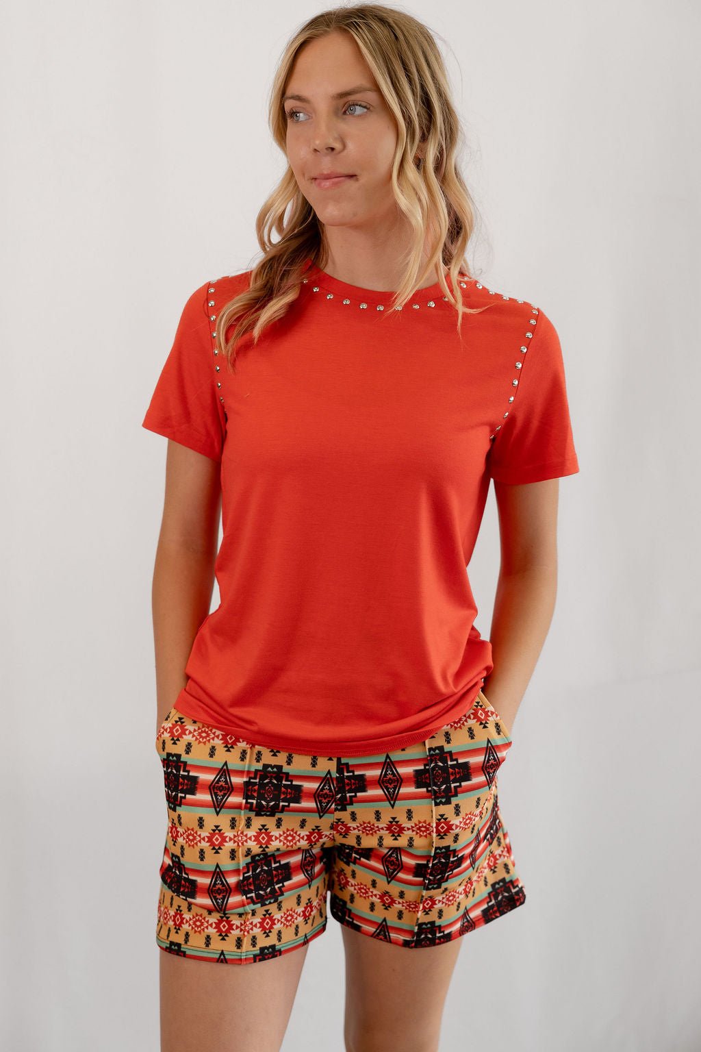 Tan Aztec Printed Crease Detail Shorts